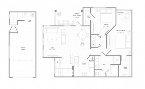 Floor plan for 2 beds, 1 bath, 1181 sqft